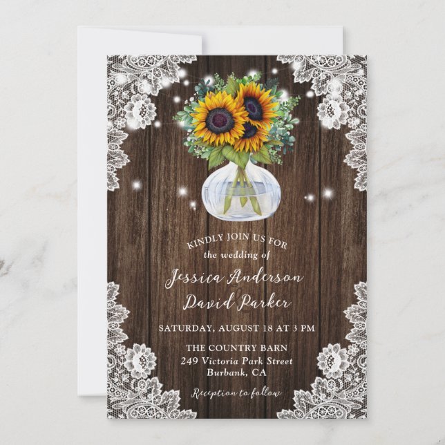 Sunflower Wood Floral Lace Wedding Invitation (Front)