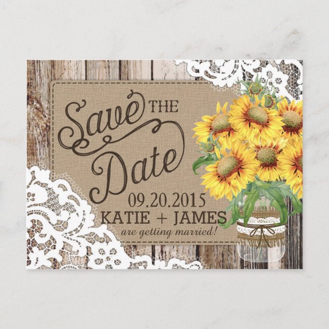 Sunflower Wood Lace Rustic Country Save the Date Announcement Postcard (Front)