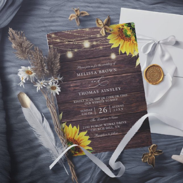 Sunflower Wood & Mason Jar Budget QR Code Wedding Invitation (Creator Uploaded)