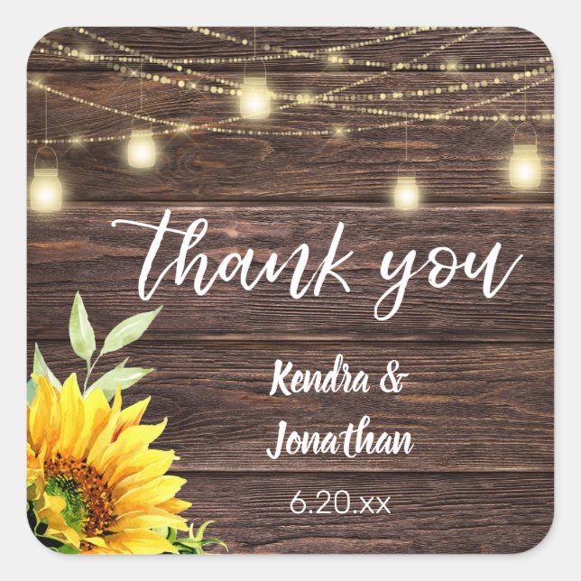 Sunflower Wood & Mason Jar String Lights Thank You Square Sticker (Front)