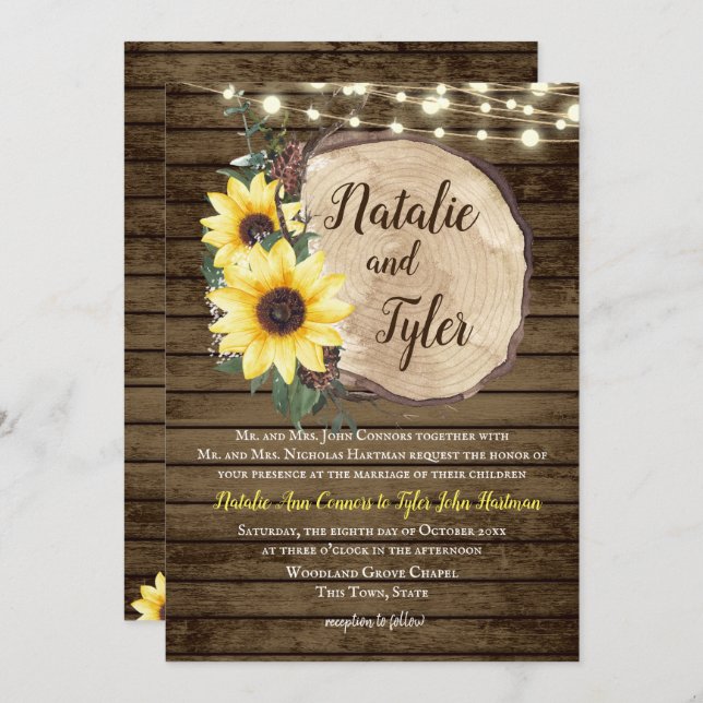 Sunflower Wood Slice Rustic String Lights Wedding Invitation (Front/Back)