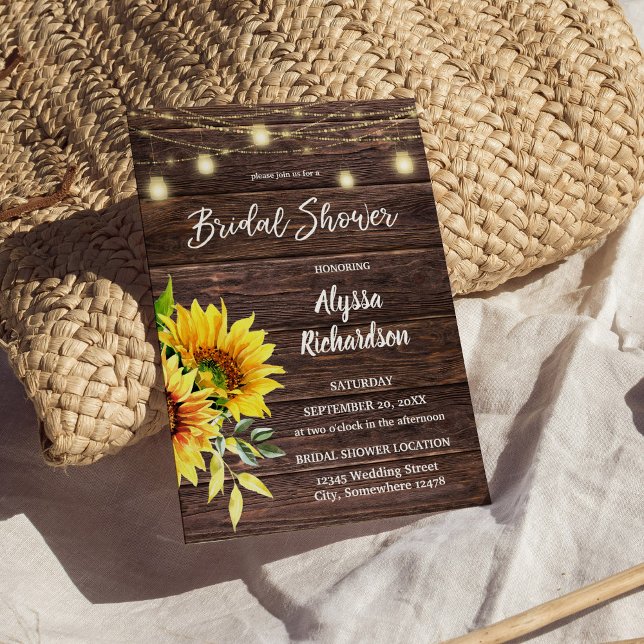 Sunflower Wood & String Lights Bridal Shower Invitation (Creator Uploaded)