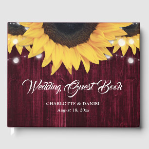 Sunflower Wood String Lights Burgundy Wedding Guest Book