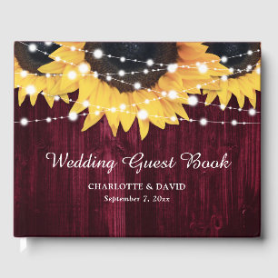 Sunflower Wood String Lights Burgundy Wedding Guest Book