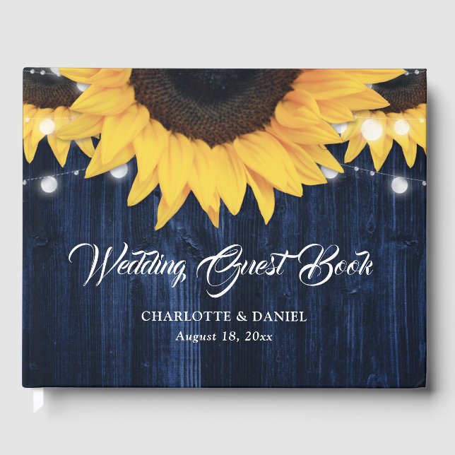Sunflower Wood String Lights Navy Blue Wedding Guest Book (Front)