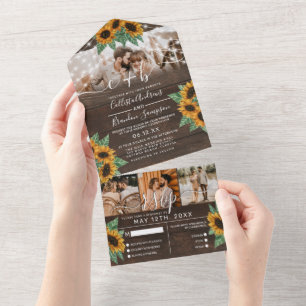Sunflower Wood String Lights Photo Wedding RSVP All In One Invitation