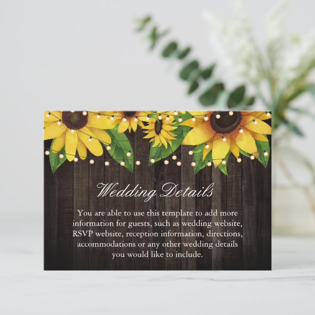 Sunflower Wood String Lights Wedding Accommodation Enclosure Card (Standing Front)