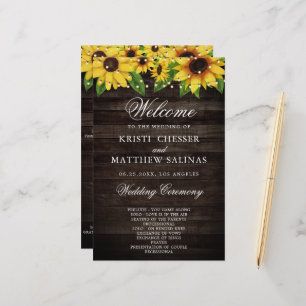 Sunflower Wood String Lights Wedding Program Card