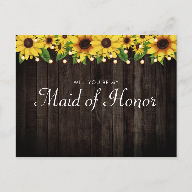 Sunflower Wood String Maid Of Honour Proposal Invitation Postcard (Front)