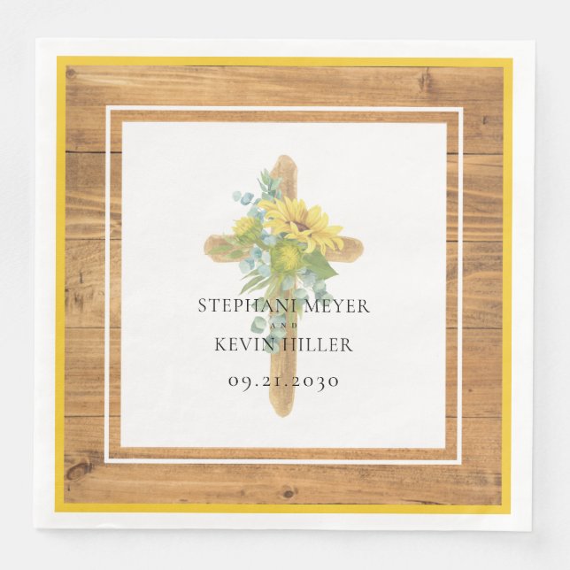 Sunflower Wooden Cross Rustic Wood Wedding Napkin (Front)