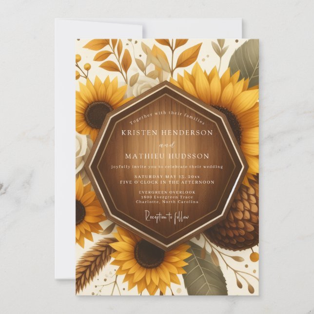 Sunflower Woodgrain Bloom Wedding Invitation (Front)