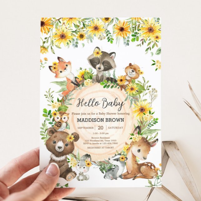 Sunflower Woodland Animals Baby Shower Invitation (Sunflower Woodland Animals Floral Baby Shower Invitation)