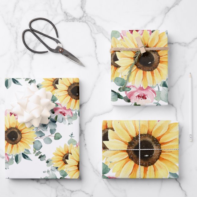 Sunflower Wrapping Paper Flat Sheet Set of 3 (Front)