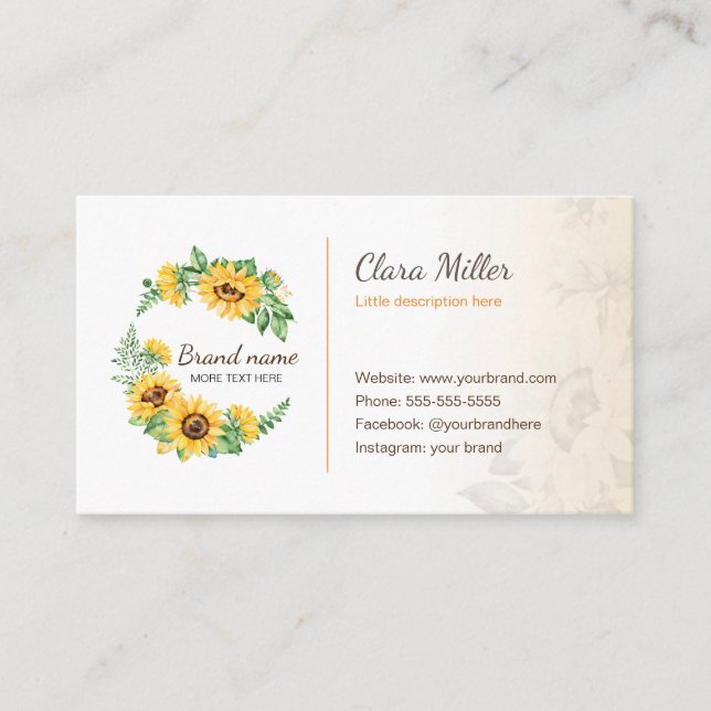 Sunflower wreath floral business card watercolor (Front)