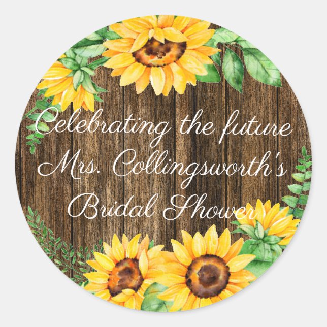 Sunflower Wreath On Barn Wood Look Guest Favour Classic Round Sticker (Front)