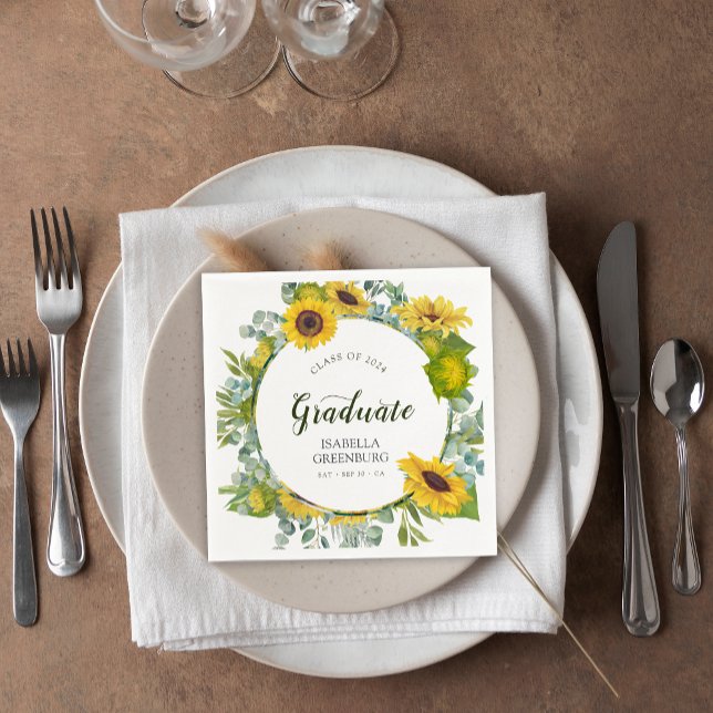 Sunflower Wreath Script Graduation Party Napkin (Sunflower Wreath Script Graduation Party Napkins)
