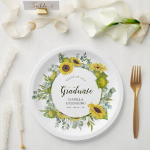 Sunflower Wreath Script Graduation Party Paper Plate