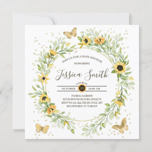 Sunflower Wreath with Cute Butterflies Baby Shower Invitation