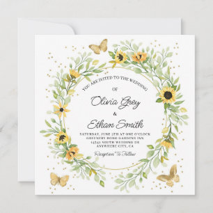 Sunflower Wreath with Cute Butterflies Wedding Inv Invitation