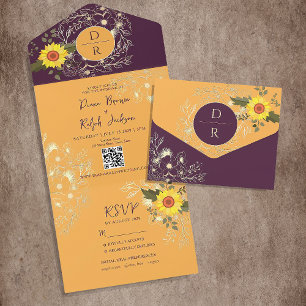 Sunflower Yellow and Purple Wedding All In One Invitation