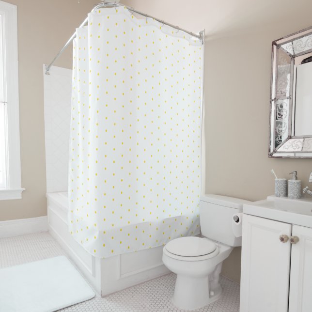 Sunflower Yellow and White Tiny Polka Dots Pattern Shower Curtain (In Situ)