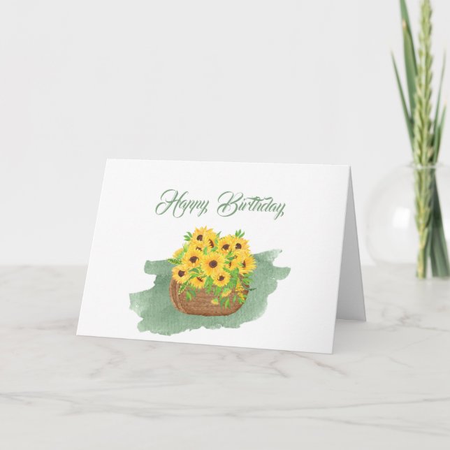 Sunflower Yellow Basket Floral Watercolor Birthday Card (Front)