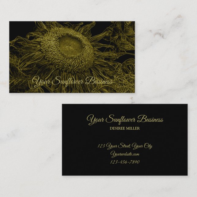Sunflower Yellow Black Floral Art Elegant Business Card (Front/Back)
