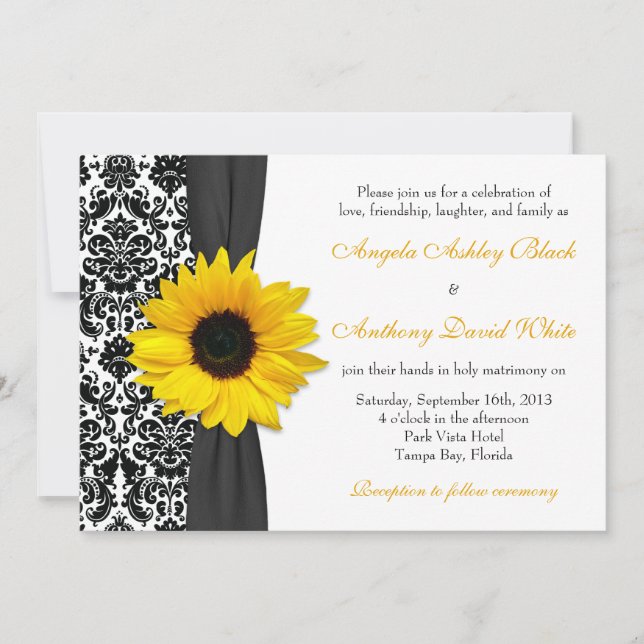 Sunflower Yellow Black White Damask Wedding Invitation (Front)