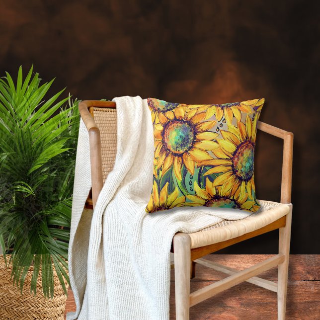 Sunflower Yellow Blue Cushion (Sunflower Yellow Blue Throw Pillow)