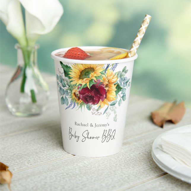 Sunflower Yellow Floral Backyard BBQ Baby Shower Paper Cups (Insitu)