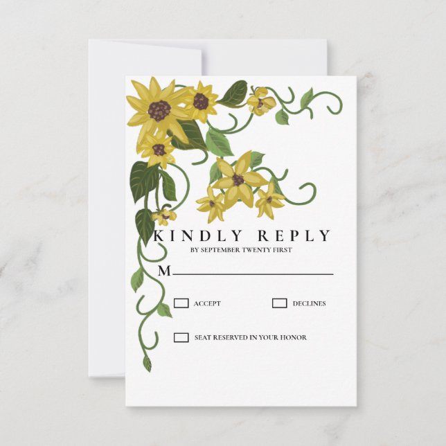 Sunflower Yellow Floral Botanical Hand drawn Oil  RSVP Card (Front)