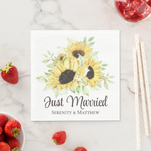 Sunflower Yellow Floral Just Married Wedding Napkin