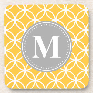 Sunflower Yellow Geometric Circles Grey Monogram Coaster
