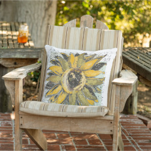 Sunflower Yellow Green Black Watercolor Style Art Cushion