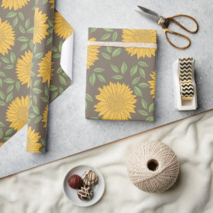 Sunflower Yellow Green Grey Floral Pattern Wrapping Paper