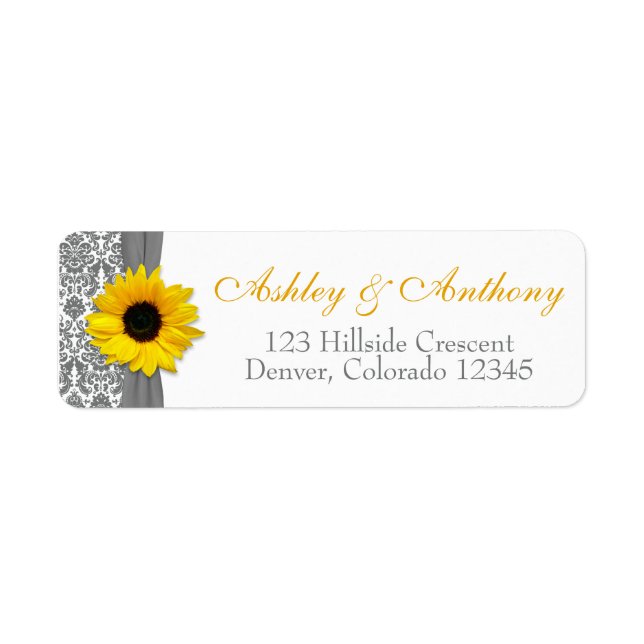 Sunflower Yellow Grey Damask Wedding Address (Front)