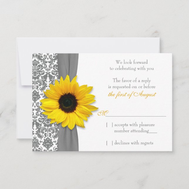 Sunflower Yellow Grey Damask Wedding RSVP Reply Card (Front)