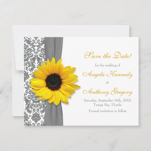 Sunflower Yellow Grey Damask Wedding Save the Date Invitation (Front)