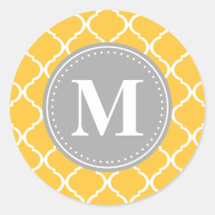 Sunflower Yellow Moroccan Lattice Grey Monogram Classic Round Sticker