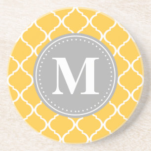 Sunflower Yellow Moroccan Lattice Grey Monogram Coaster