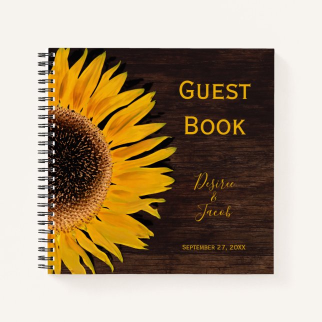 Sunflower Yellow Rustic Country Brown Wood Notebook (Front)