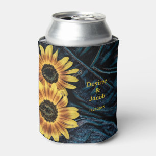 Sunflower Yellow Rustic Denim Blue Jeans Wedding Can Cooler
