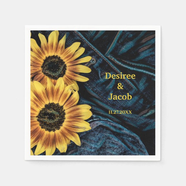 Sunflower Yellow Rustic Denim Blue Jeans Wedding Napkin (Front)