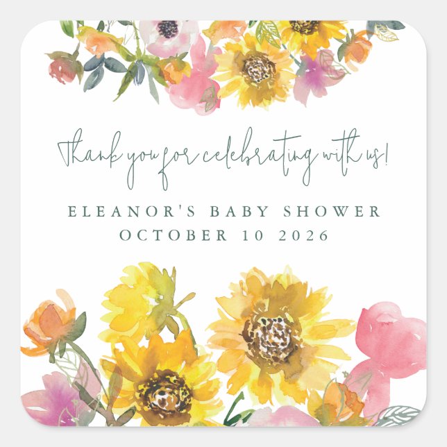 Sunflower Yellow Watercolor Floral Baby Shower  Square Sticker (Front)