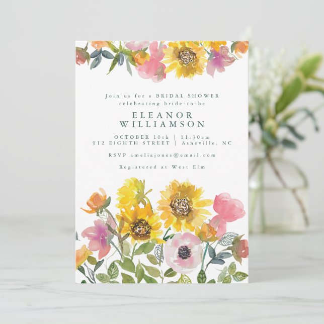 Sunflower Yellow Watercolor Floral Bridal Shower Invitation (Standing Front)