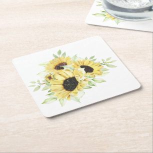 Sunflower Yellow Watercolor Floral Wedding Square Paper Coaster