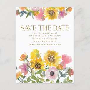 Sunflower Yellow Watercolor Wedding Save The Date Postcard