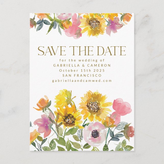 Sunflower Yellow Watercolor Wedding Save The Date Postcard (Front)