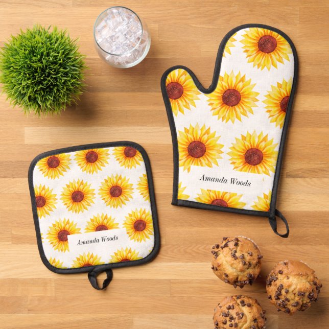 Sunflower Yellow White Chic Oven Mitt & Pot Holder Set (Top Down)