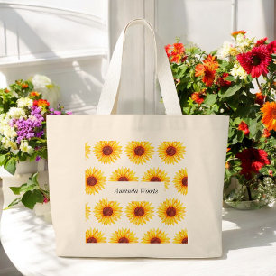 Sunflower Yellow White Floral Large Tote Bag